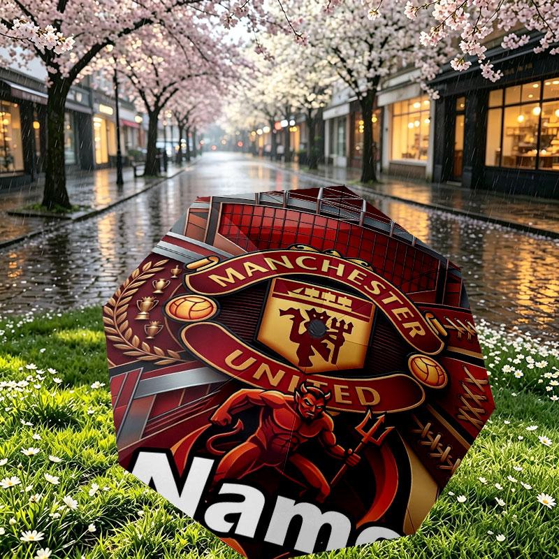 Custom Name Personalized Manchester United Print Umbrella, Auto Open Close, 8‑Rib Sturdy Frame, Commute Camping Hiking Use, Birthday Gift