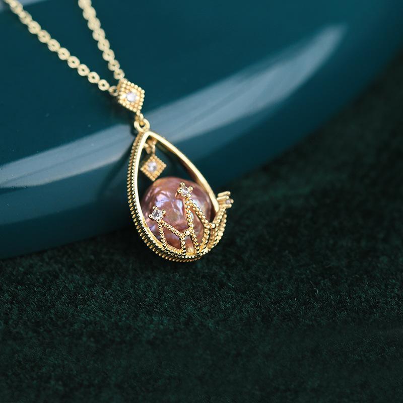 INS Cool Retro Stil Micro Set Zirkon Kupfer Überzogene Wasser Tropfen Blume Ring Lila Perle Anhänger Halskette Kragen Kette weibliche