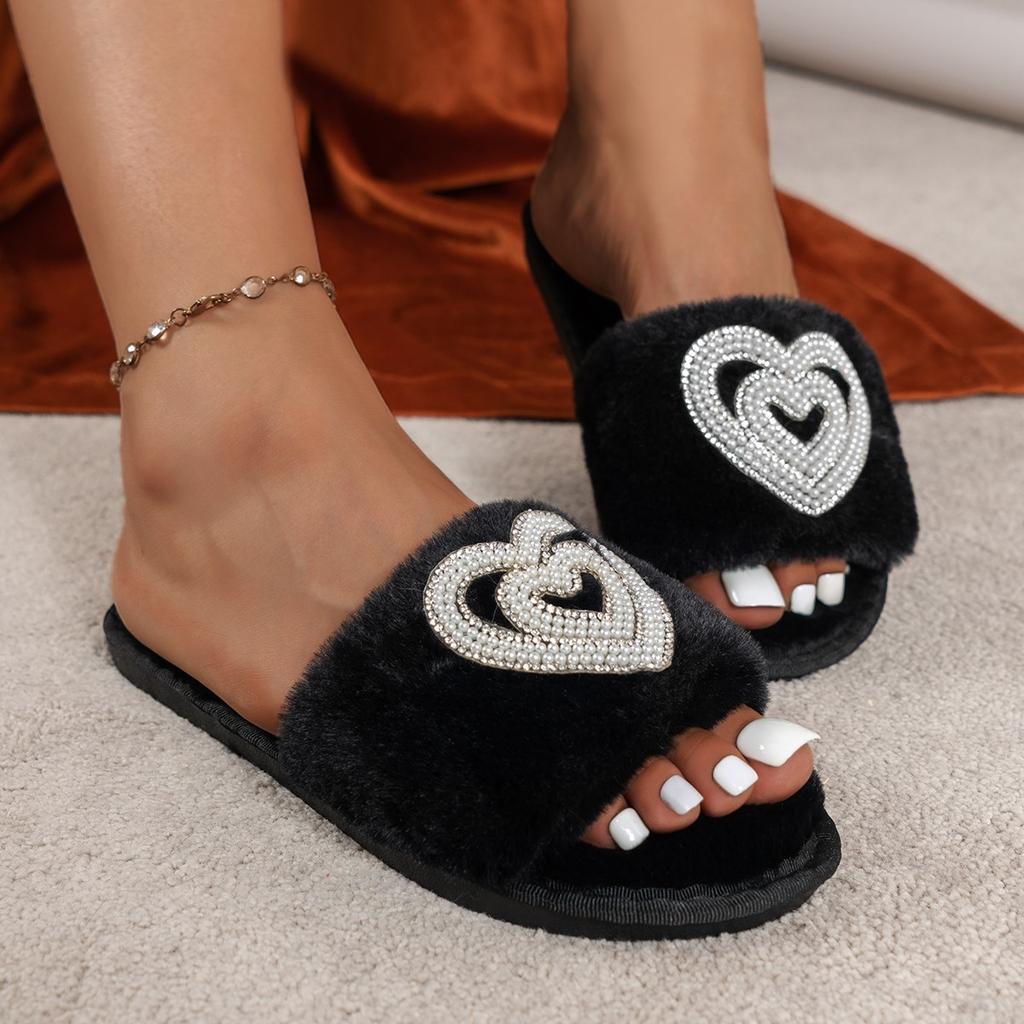 Mode Winter Damen Winter Haus Pelzige Hausschuhe Rutschfest Lässig Indoor Ballerinas Bodenschuhe Damen Flip Flops Warme Schuhe Einfarbige