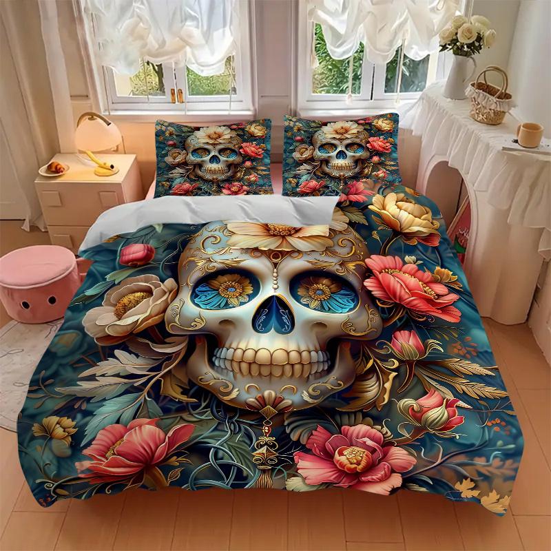 3pcs Day of the Dead Design Bedding Set - 1 Soft Quilt Cover + 2 Pillowcases, Machine Washable - Suitable for All Seasons, Perfect Gift for