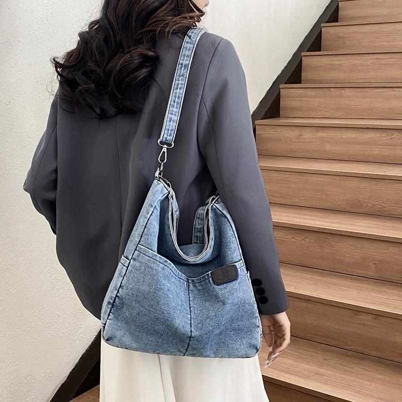Vintage Denim Shoulder Bag Women's Large Capacity Messenger Bag Multi-pockets Satchel Adjustable Strap Ladies Crossbody Bag AVE