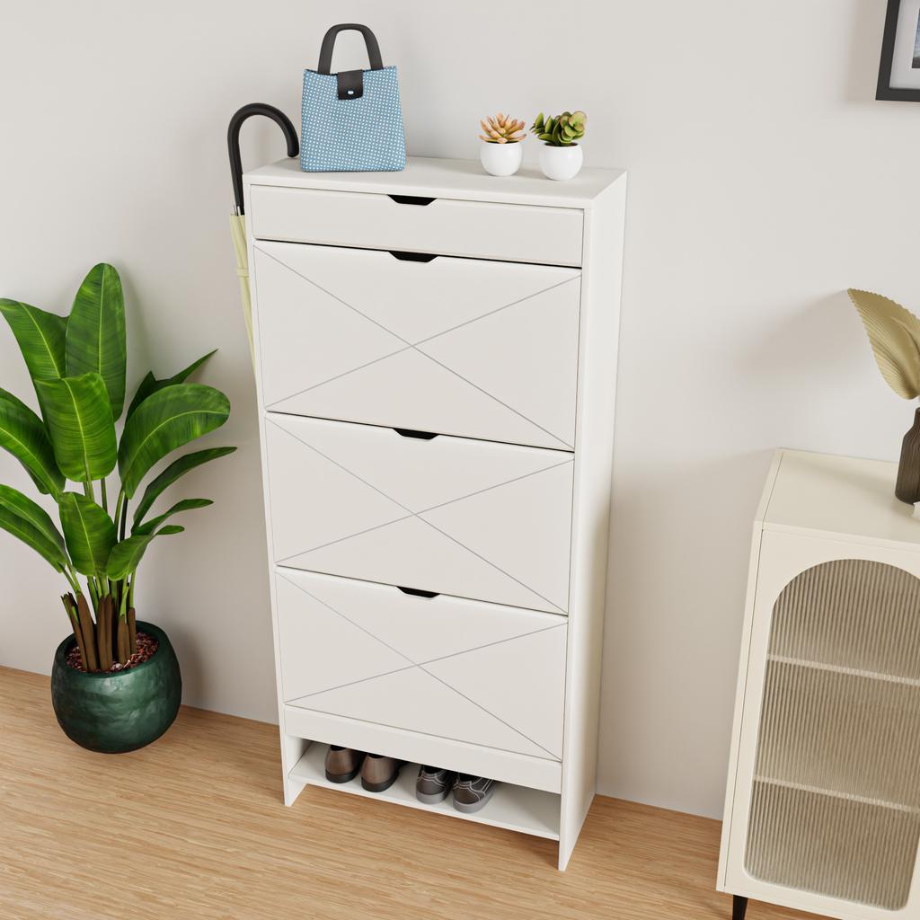 3 Drawer Blister Shoe Rack Cabinet, Wooden Shoe Cabinet with Pull-Out Shelf on Top, 2 Levels, White