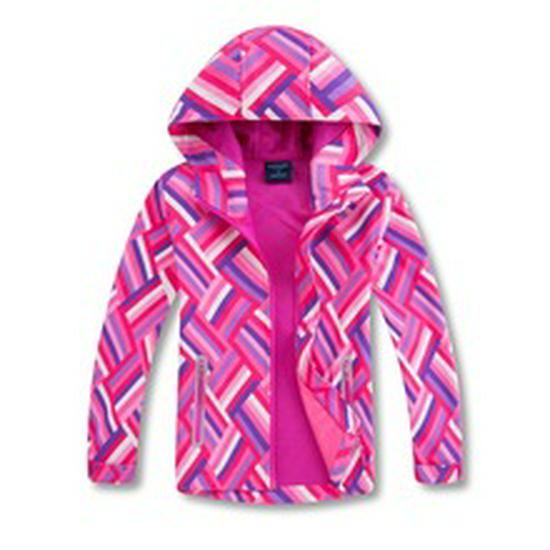 Girls' Candy Color Waterproof Windbreaker Jacket: Hooded, Breathable, Fleece-Lined, Printed.