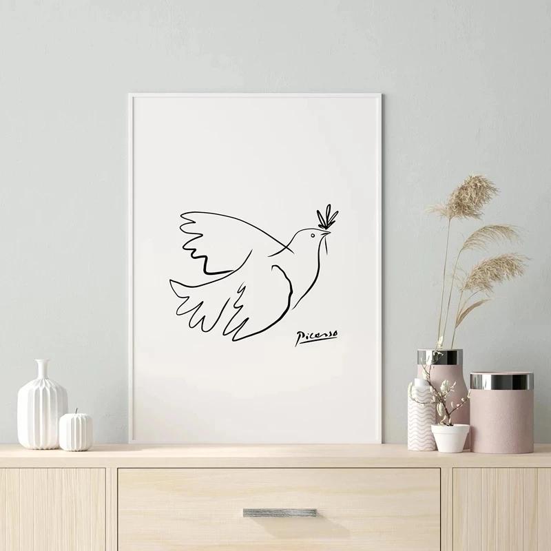 Picasso Minimalist Animal Dog and Peace Dove Canvas Painting Wall Art Pictures Posters and Prints for Living Bedroom Home Decor