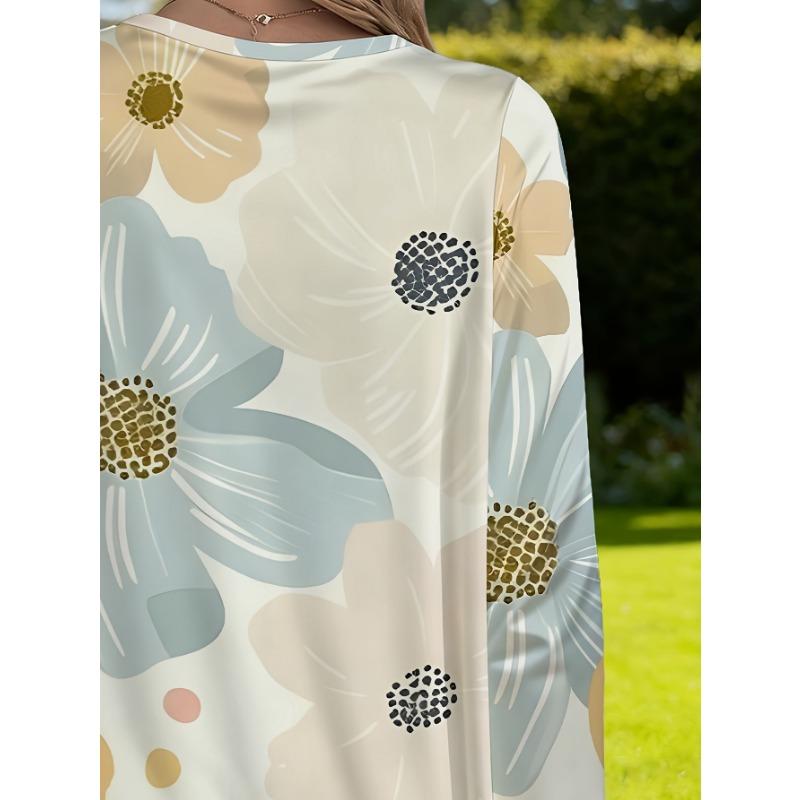 Women's plus size spring and summer new style printed long-sleeved loose top with pockets, fresh floral pattern
