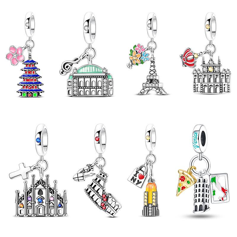 925 Silver Travel Charm Pendant New York Rome Vienna Landmark Building Bracelet Diy Fashion Jewelry Gift