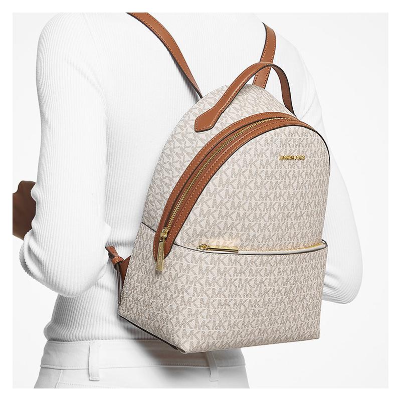 Michael Kors Sheila Goldbuchstaben Logo Presbyopie Große Kapazität Reißverschlusstasche Leinwand Schultasche Rucksack Mittel Damen Weiß