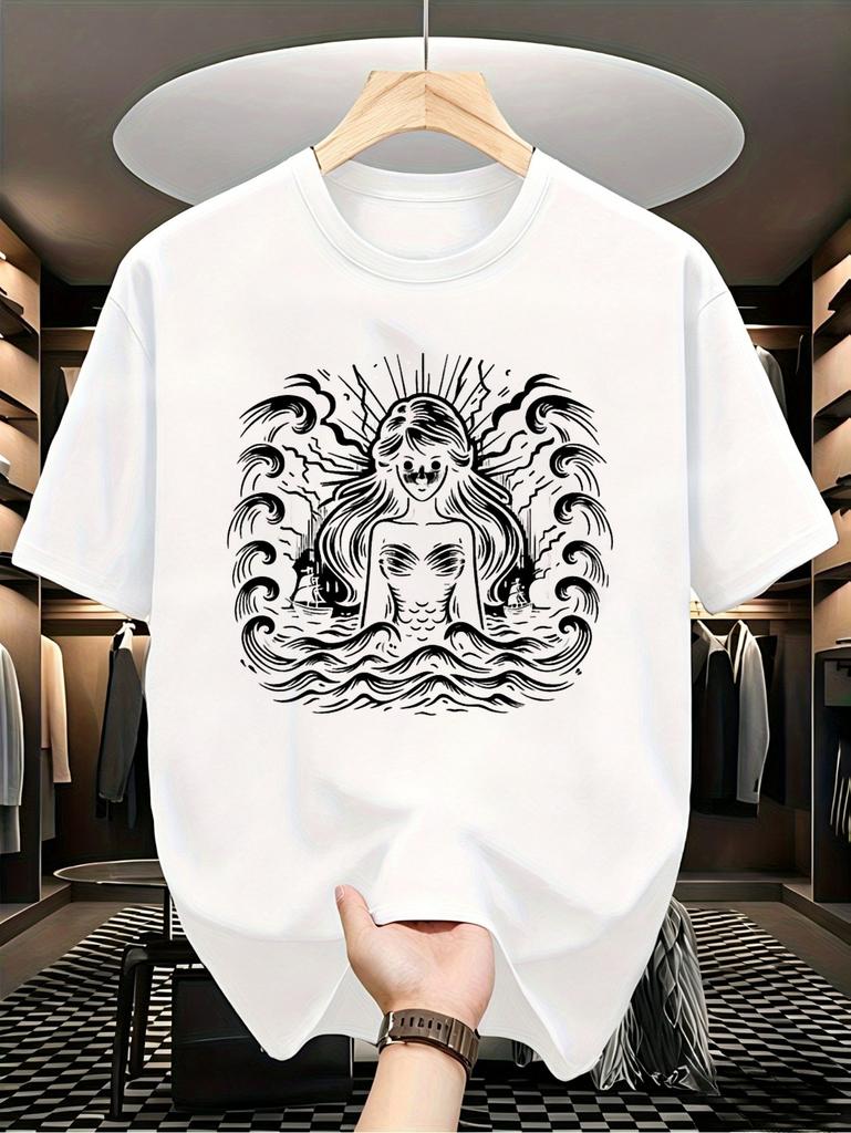 1pc Male Graphic T Shirt Retro Dark Art Mermaid Ocean Wave Print Short Sleeve Crew Neck for Teenagers, for Teenager