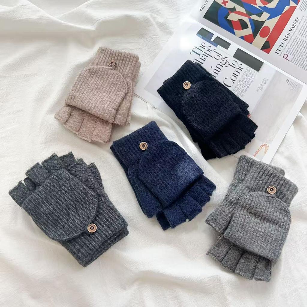 Solid Color Flip Gloves New Warm Solid Color Plus Velvet Writing Fingerless Simple Gloves