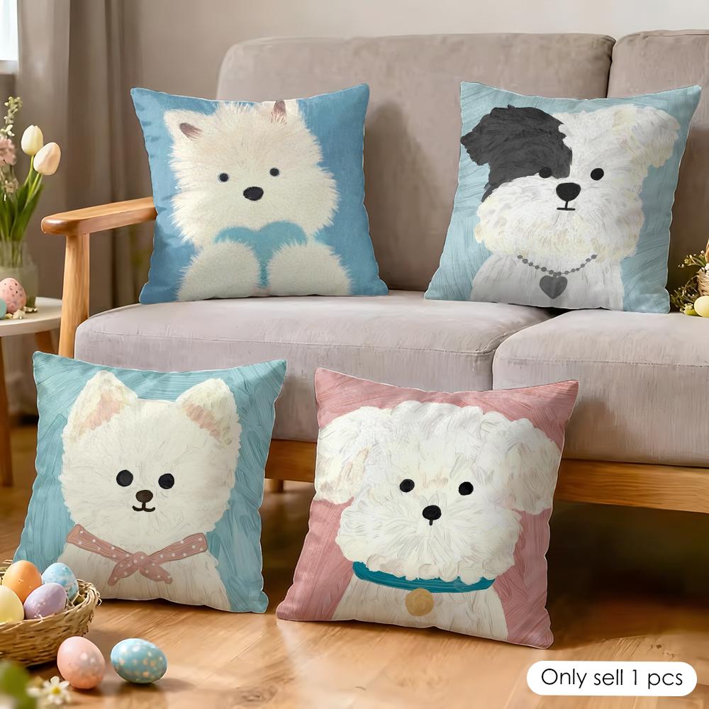 Cute oil painting dog Cushion Cover Soft Plush Fabric DoubleSided Printed Cushion Covers for All Seasons Modern Home Decor