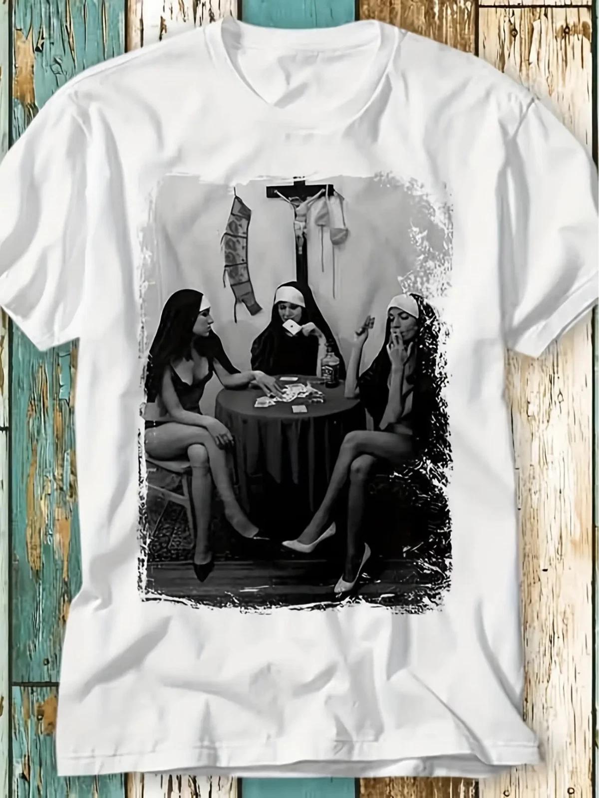 Nuns Playing Poker Shirt Funny Drinking Smoking Graphic Tee All Size M