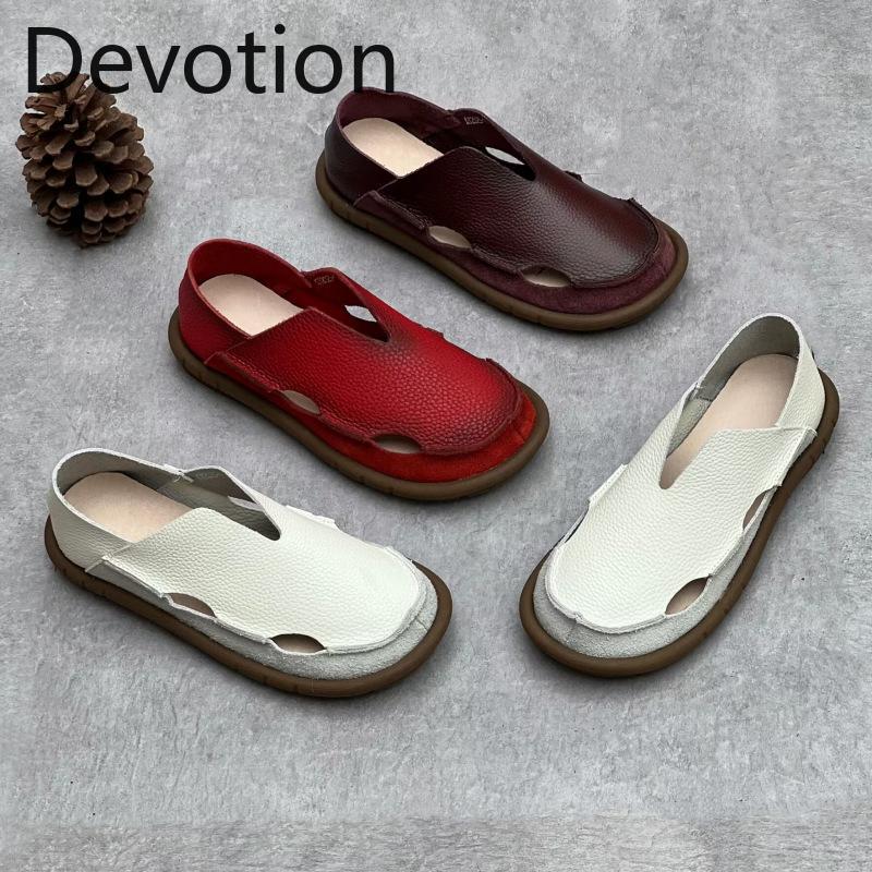 Genuine Leather Sandals Summer Retro Round-toed Flat Shoes Hollowed-out Feet Cowhide Women's Sandals Devotion