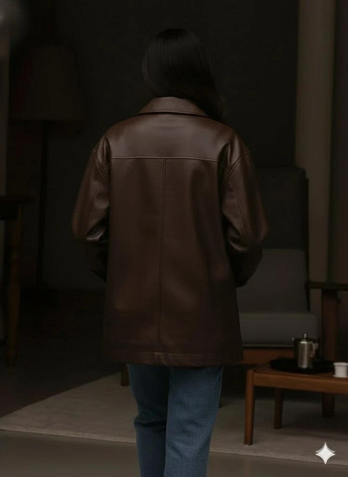 Genuine Lambskin Leather Oversized Fit Dark Brown Women's Casual Jacket Handmade