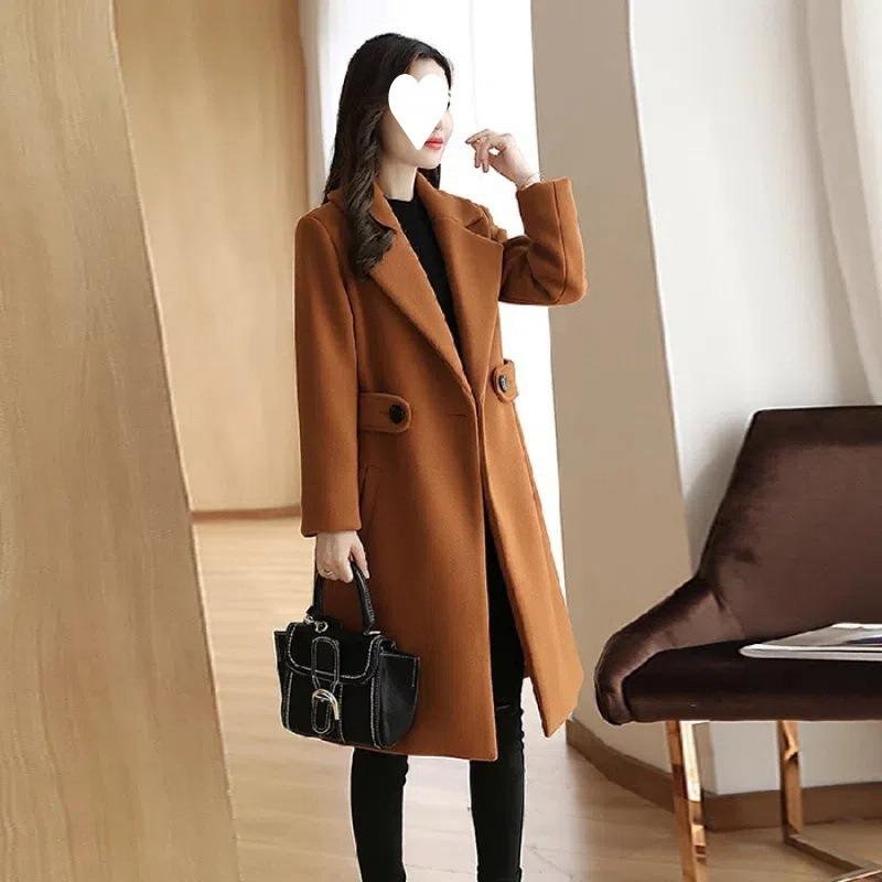 Koreanischer Wollmantel für Damen, mittellang, Herbst- und Wintermodell, figurformend