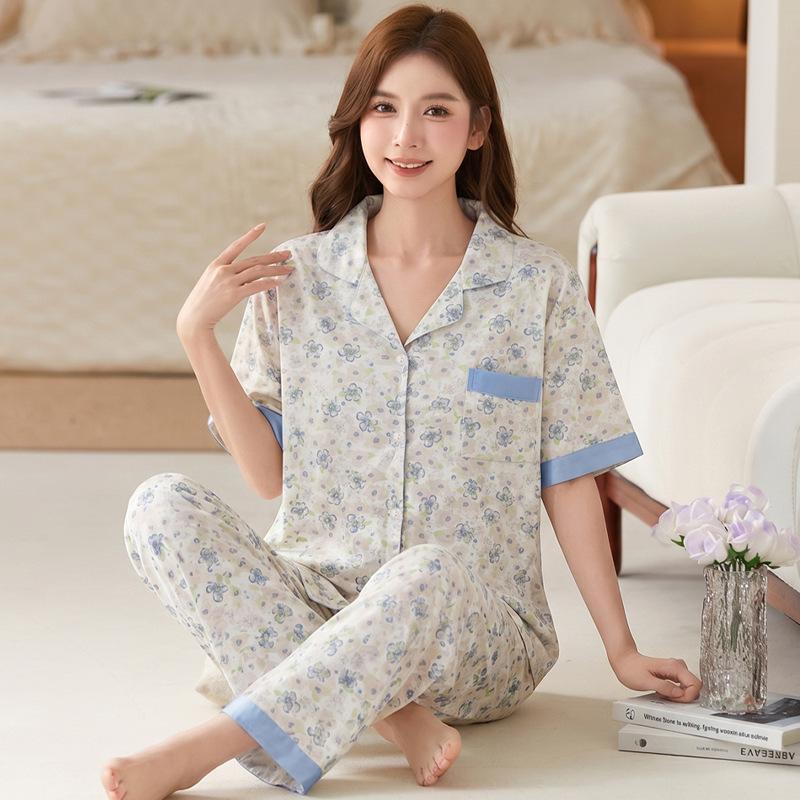 Superior sweet ladies strawberry print imitation cotton pajamas loungewear loose large size short sleeves trousers set