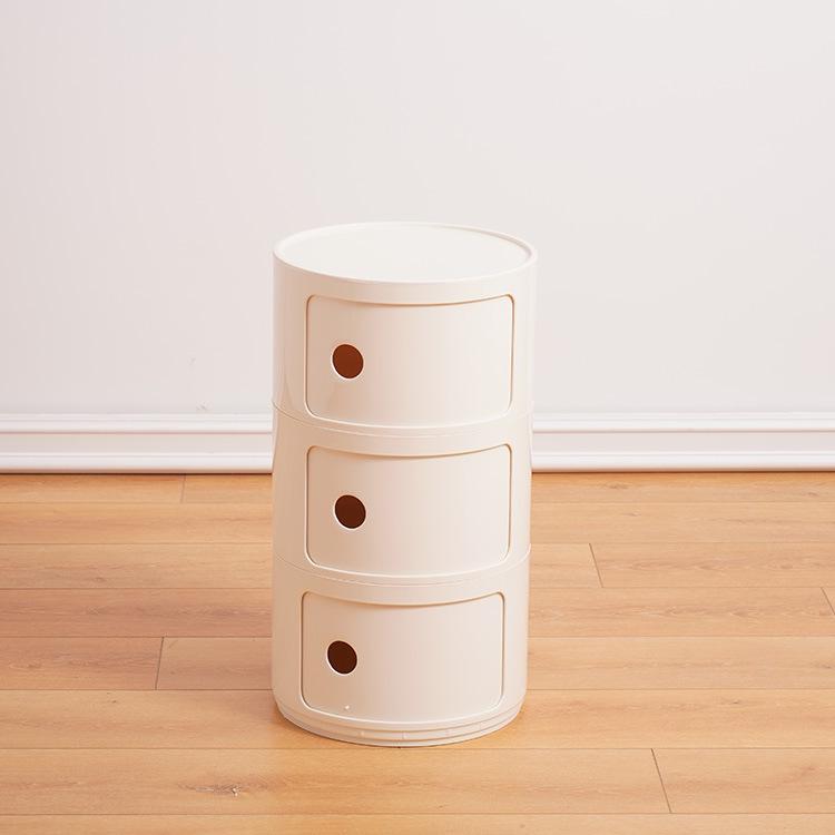 Nordischer runder weißer minimalistischer Nachttisch - Moderner Mini-Seitenkasten aus Kunststoff