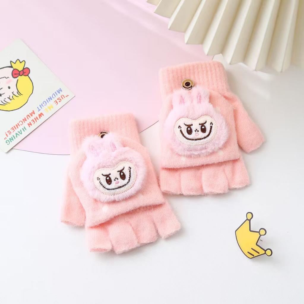 Children's Princess-style Flip Cartoon Gloves, Winter Plush Five-fingered Warm Gloves