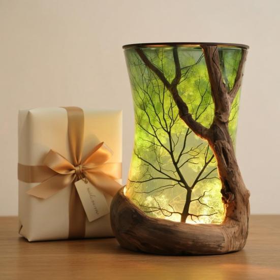 Forest Theme Night Light Handmade Resin Warm Light Rustic Nature-Inspired Ambient Bedside Lamp for Bedroom Living Room Decor