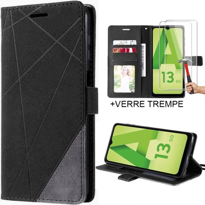 Coque de protection semi-rigide effet cuir noir pour samsung galaxy a13 5g + 2 verres trempés
