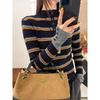 Small Stand-up Collar Stacked with Contrasting Striped Knitted Sweater, Autumn and Winter Button Retro Long-sleeved Top, and Sweater Inside for Women