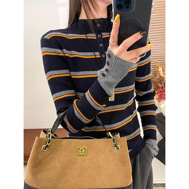 Small Stand-up Collar Stacked with Contrasting Striped Knitted Sweater, Autumn and Winter Button Retro Long-sleeved Top, and Sweater Inside for Women