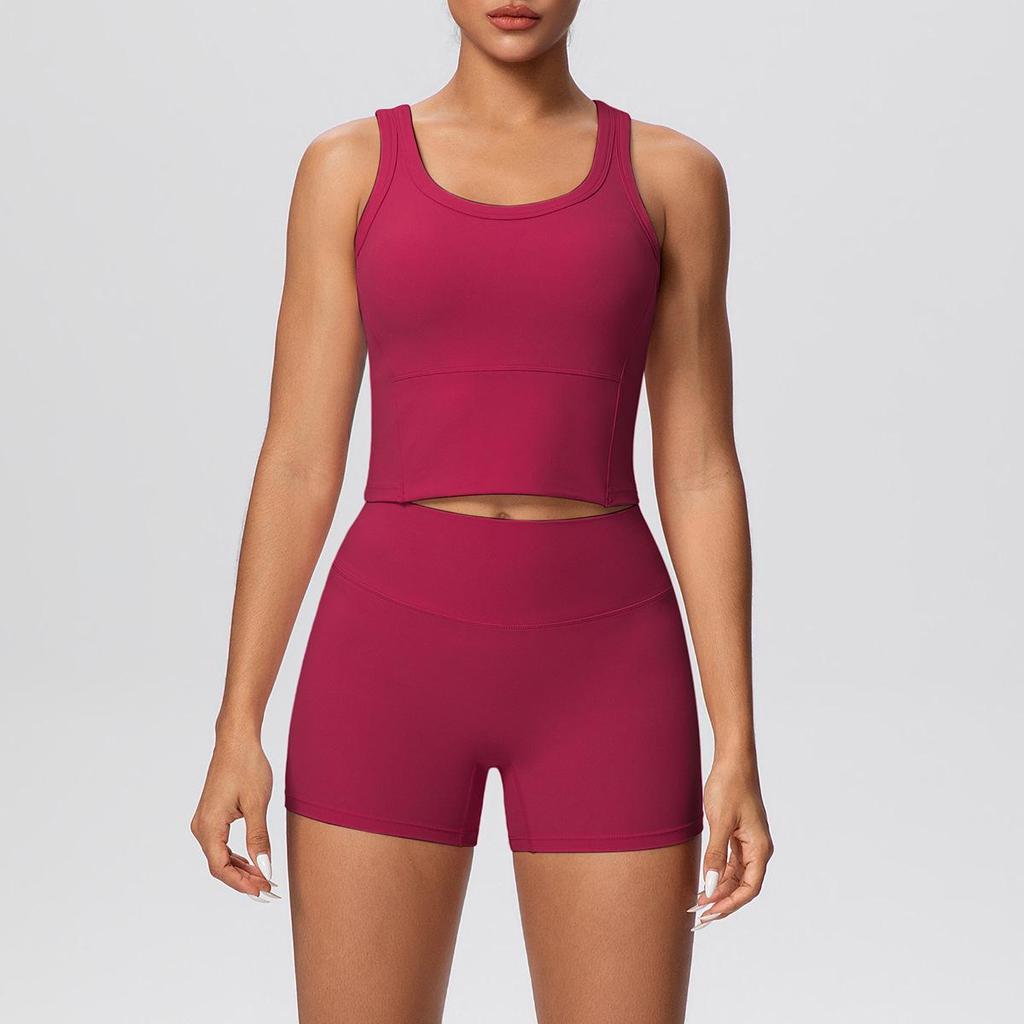 Cross-border Solid Color Reversible Yoga Vest & Shorts Fitness Set