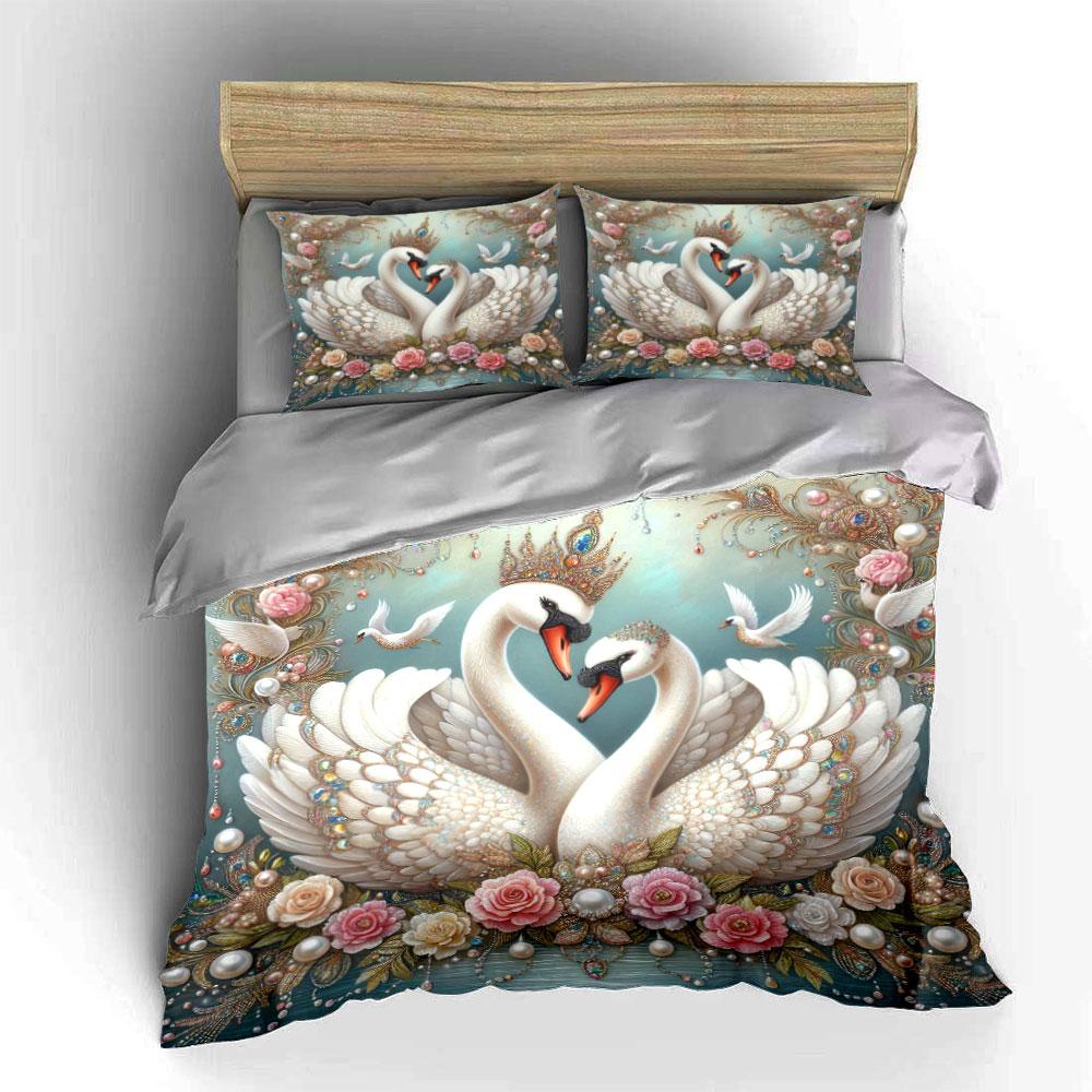 Diamant Bettwäsche SetEin Paar elegante gekrönte Schwäne Bettbezug SetBett DekorationValentinstagsgeschenk(1 Bettbezug + 2 Kissenbezüge)