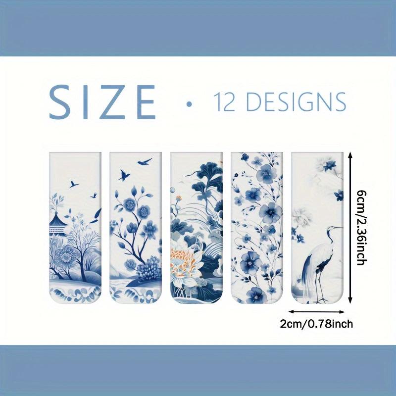 12 Pcs Blue and White Porcelain Style Magnetic Bookmarks with Various Patterns, Magnetic Reading Bookmarks, Page Clipping Marker
