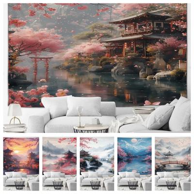 Japanese Scenery Tapestry Cherry Blossom Flowers Misty Landscape Chinese Style Wall Hanging Art Decoration Home Decor Background