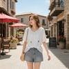 Thin Henley Shirt Hoodie Loose Fit Pullover Tops Fashion Hooded Short Sleeve T-Shirt  Women