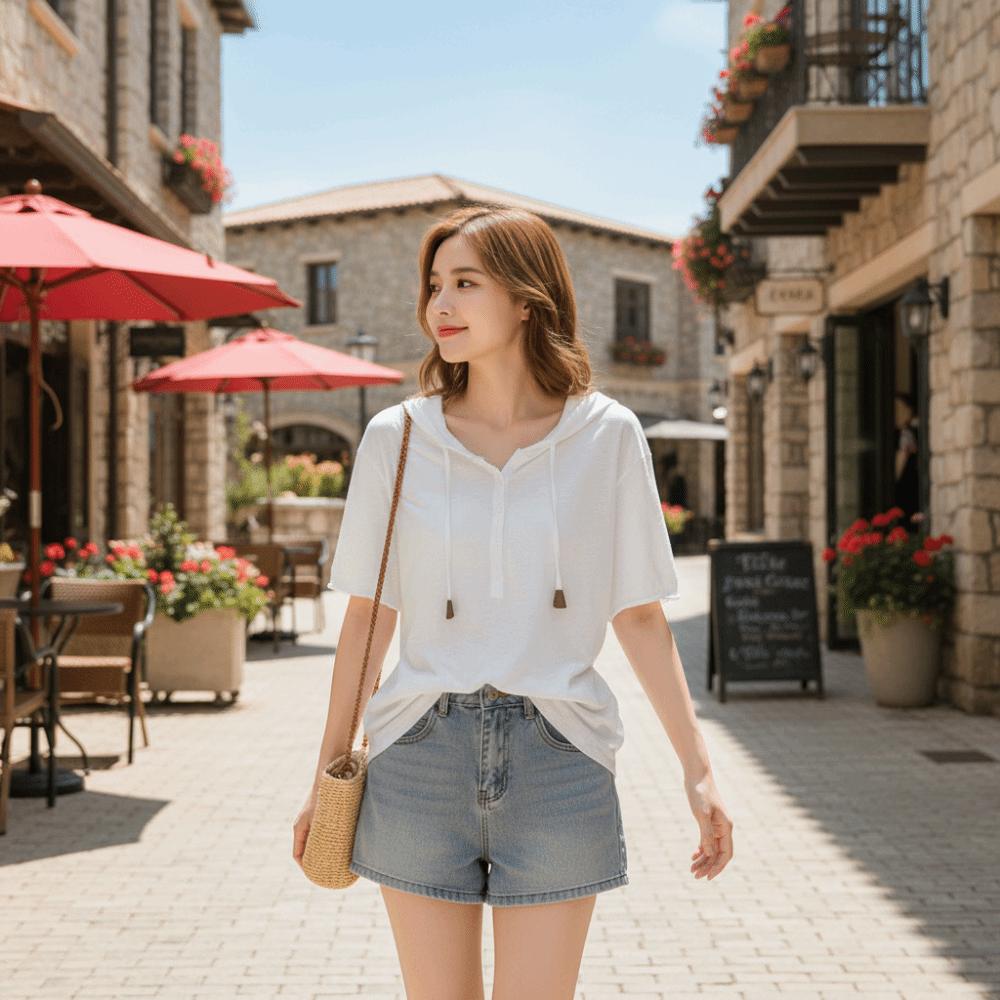 Thin Henley Shirt Hoodie Loose Fit Pullover Tops Fashion Hooded Short Sleeve T-Shirt Women