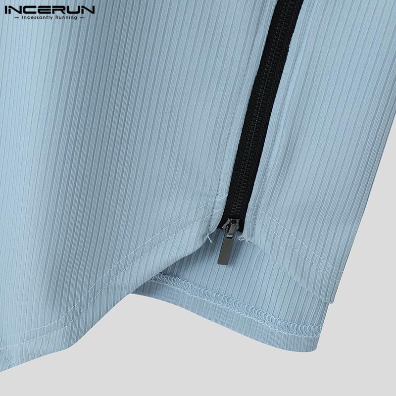 INCERUN Summer Men V Neck Short Sleeve Zip-up Casual Skinny Rib T-shirts Tops