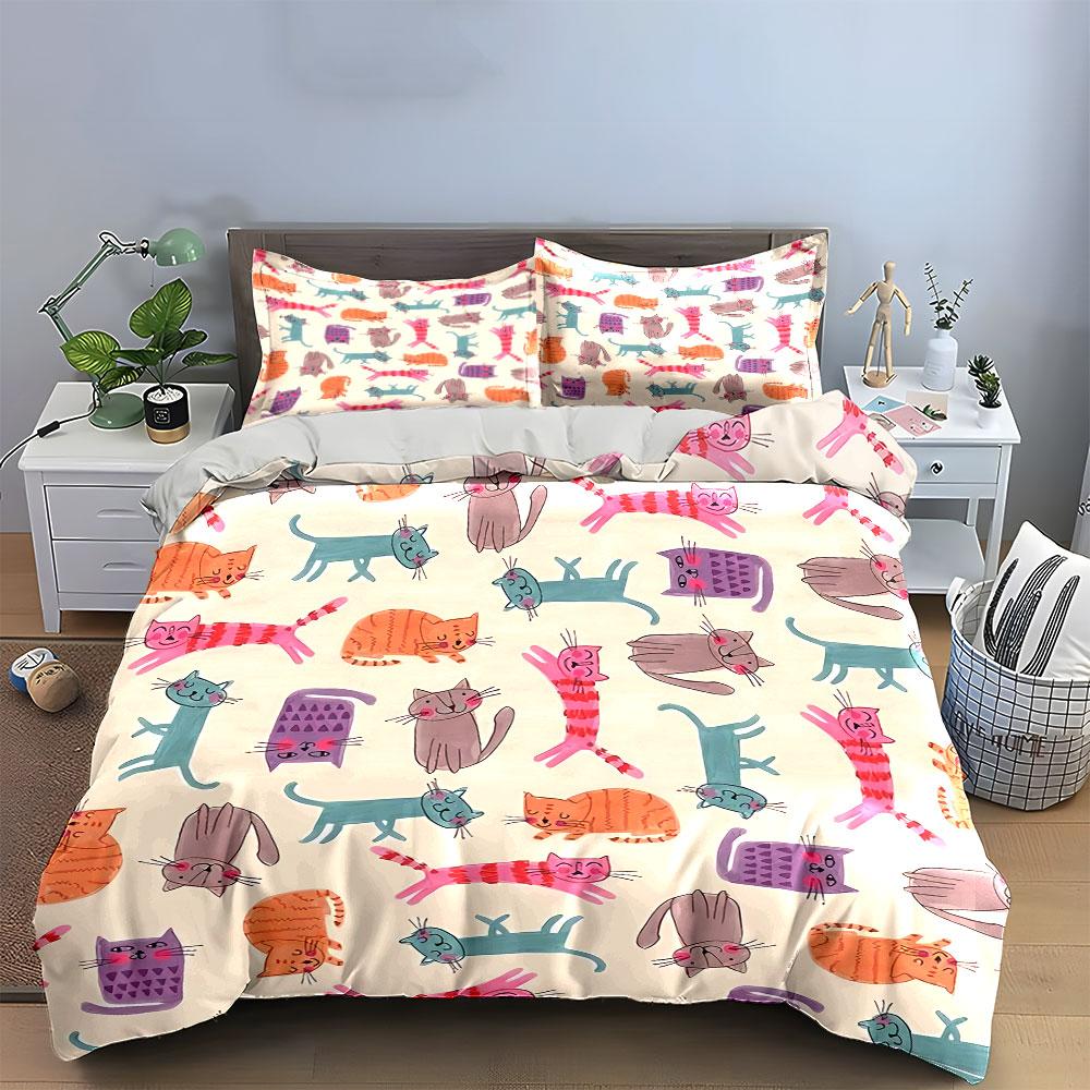 Cute Colorful Cartoon Cats Pattern Bedding Duvet Cover Set Duvet Cover Pillowcases  (1*Duvet Cover 2*Pillowcases, without duvet insert)