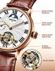 KINYUED Men Rose Gold Watch Moon Phase Open Heart Skeleton White Dial Roman Numerals Brown Crocodile Leather Strap 3ATM Waterpro