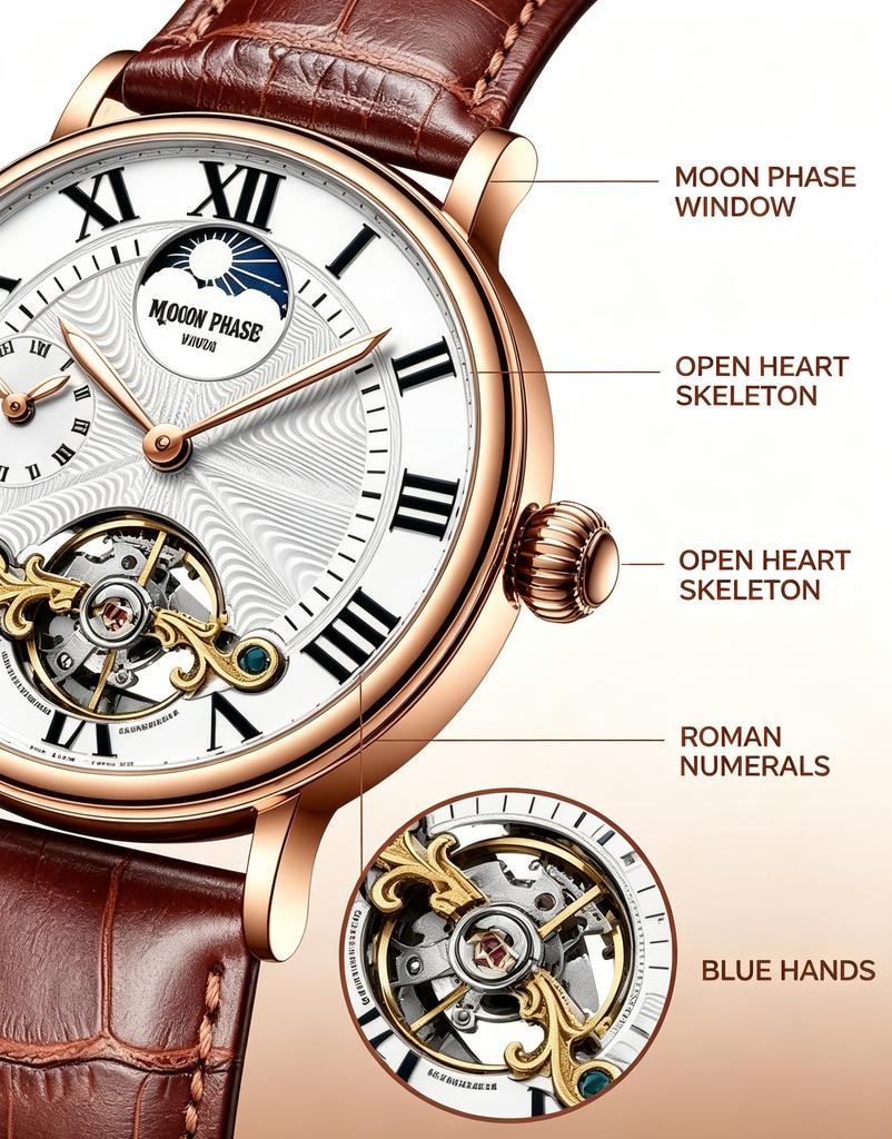 KINYUED Men Rose Gold Watch Moon Phase Open Heart Skeleton White Dial Roman Numerals Brown Crocodile Leather Strap 3ATM Waterpro