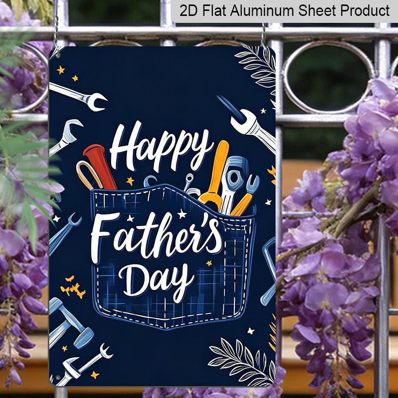 2D Flat, 1pc Denim Pocket Tools Father's Day Metal Wall Art Sign "Happy Father's Day" - 8*12 Inch Aluminium Rustic Garage Decor, Workshop Style Wall