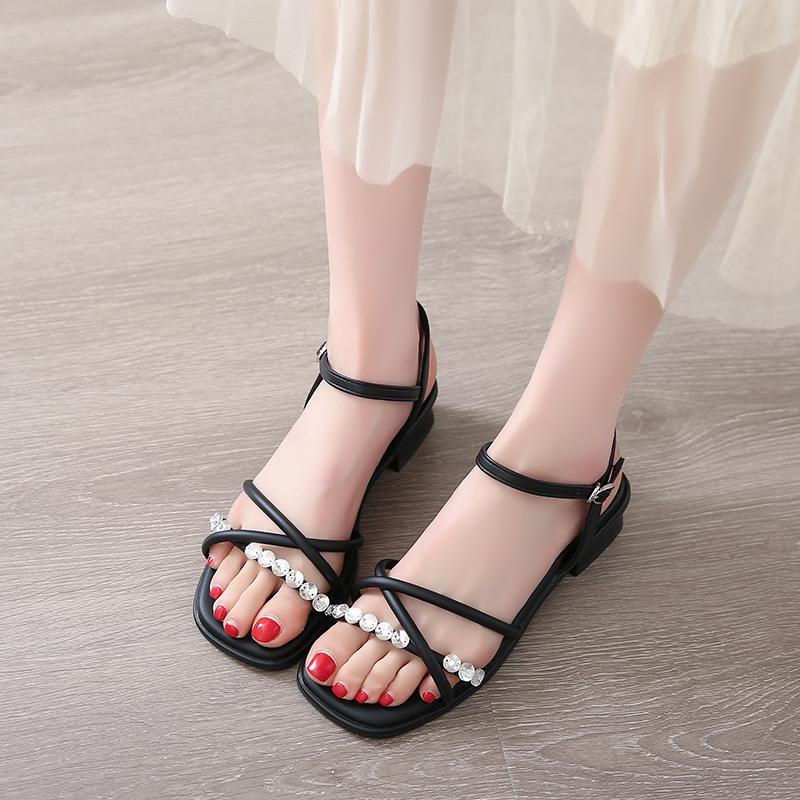 Fashion CRLAYDK Fashion Women's Low Square Open Toe Heeled Sandals Strappy Dressy Ankle Strap Summer Casual Party Rhinestone Shoes