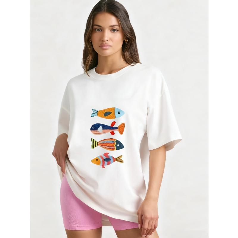 

Футболка оверсайз черная с красочным принтом рыбок, повседневная летняя одежда XXXXL белый
