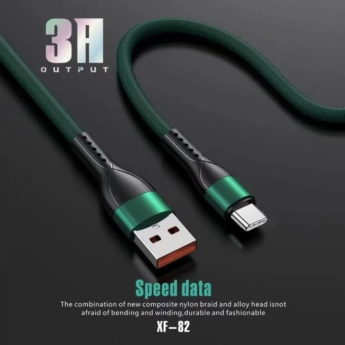 Lot-3 Câble USB-C 1M Charge Rapide 3A pour Samsung Galaxy A05s A15 A16 A25 A26 A35 A36 A55 A56 - Nylon Tressé Vert