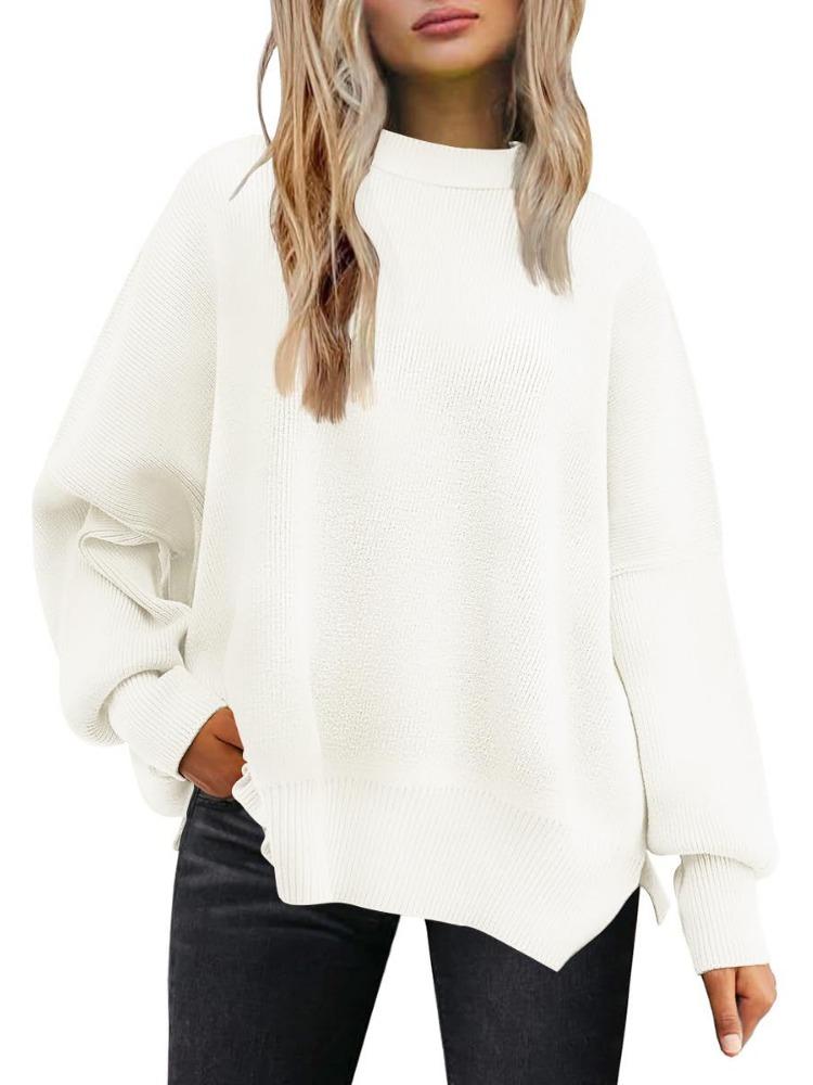 Women's Round Neck Batwing Sleeve Long Sleeved Ribbed Knit Sweater with Side Slit Pullover Luxurious Relaxed-fit Slimming and Versatile Top