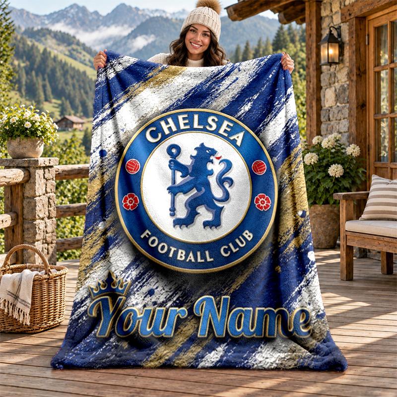 Chelsea FC Custom Name Flannel Blanket Personalized Soft Warm Plush Throw Blanket Customized Gift for Family Friends