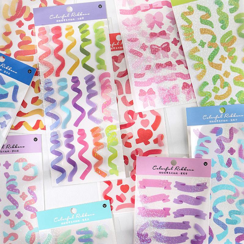 2 Pcs Color Fantasy Series Decorative PVC Laser Stickers Scrapbooking Stick Label Diary Stationery Album Rainbow Ribbon Sticker