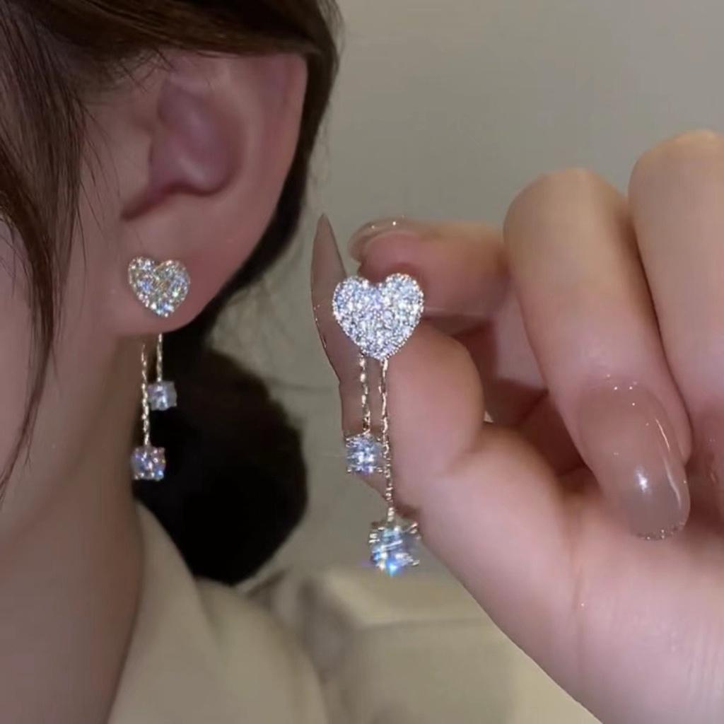 Schleifen-Herz-Quastenohrringe für Damen Elegante Zirkon-Tropfenohrringe Piercing-Accessoires Schmuck
