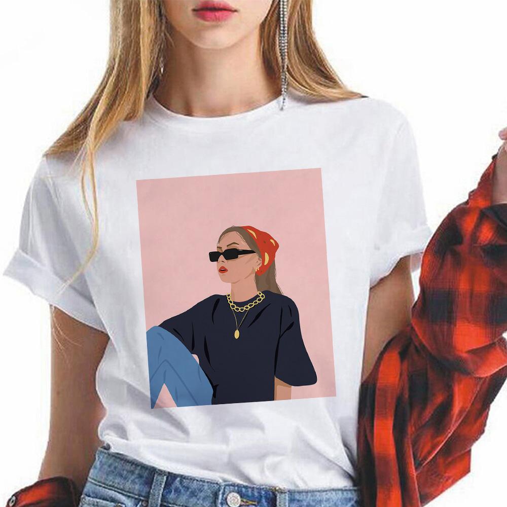 

Watercolor Cartoon T-Shirt Trend Style Women Tees Cute Pattern Round Neck Summer Top White Clothes Loose Lady White Tshirts XL білий