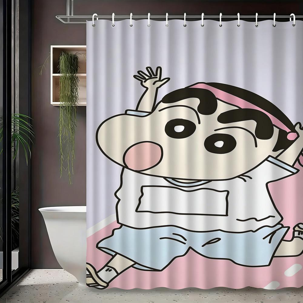 Crayon Shin-Chan Cowboy Rope Swing 2D Print Waterproof Shower Curtain, Blue Sky Bathroom Decor With Hooks
