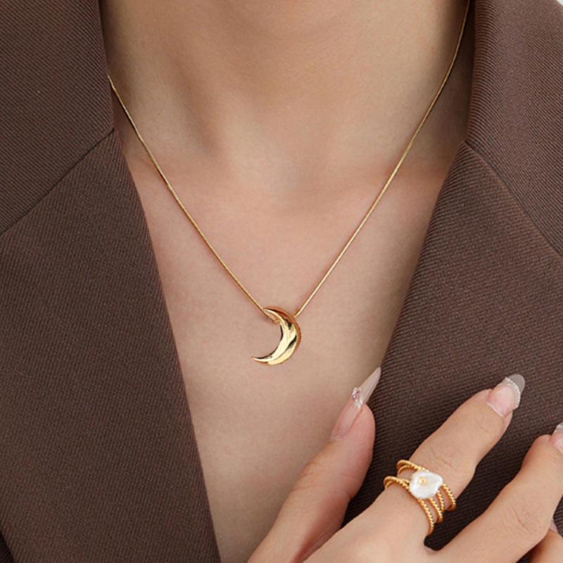 Elegant Titanium Steel Moon Pendant Necklace for Women