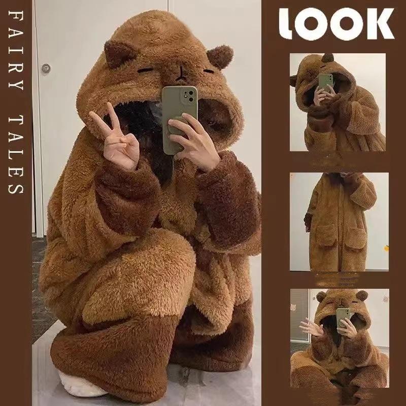 Nightgown + Pants Velvet Pajamas Two-piece Autumn and Winter Capybara Long Nightgown Adult Anime Pajamas Cartoon Pajamas