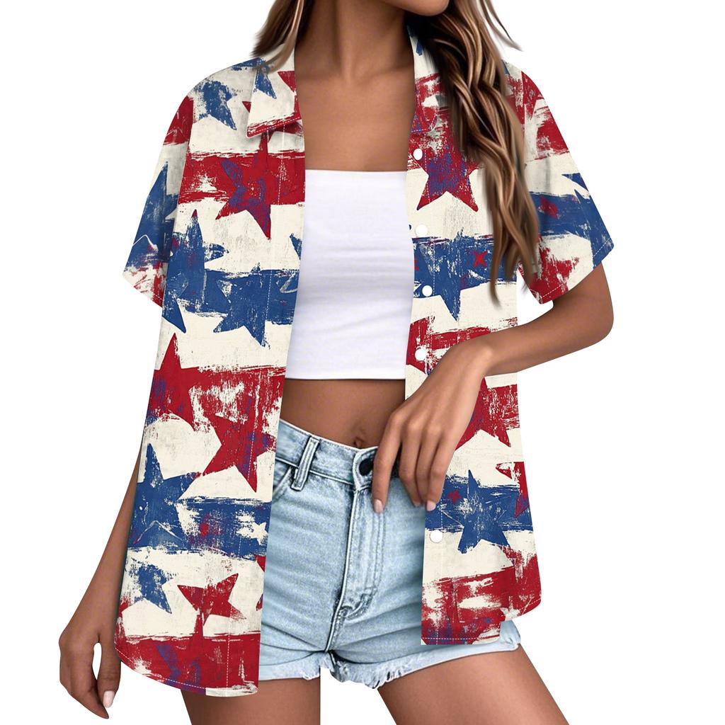 Short Sleeve Button Down Shirt for Women with Floral and Stars Print Loose Fit Lapel Collar Lightweight Top Blouse