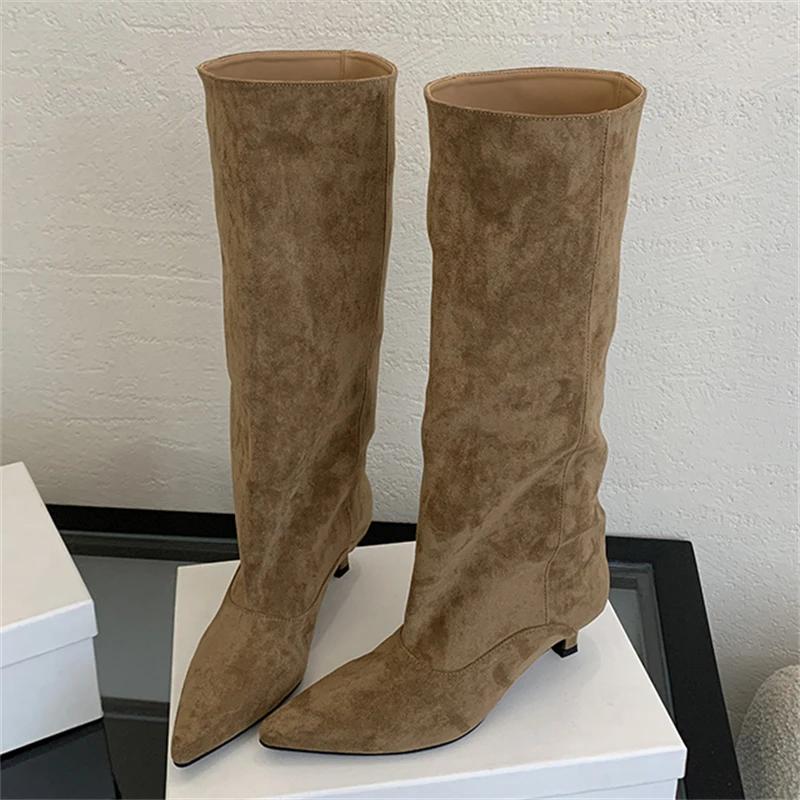 

Aneikeh Street Style Pointed Toe Knee-High Boots Women Low Heels Shoes Female Long Booties 2026 Winter Zapatos De Mujer 40 хаки