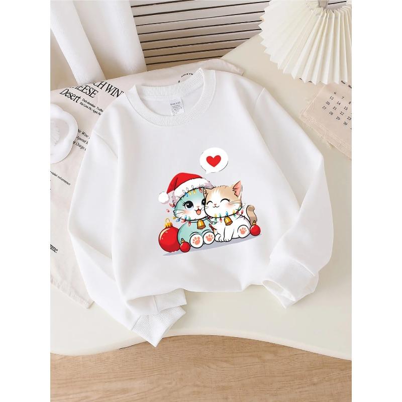 Kids Crewneck Sweatshirt, Cute Cats Christmas Lights & Heart Graphic Print, Spring Autumn Casual Sport Tops 110 белый